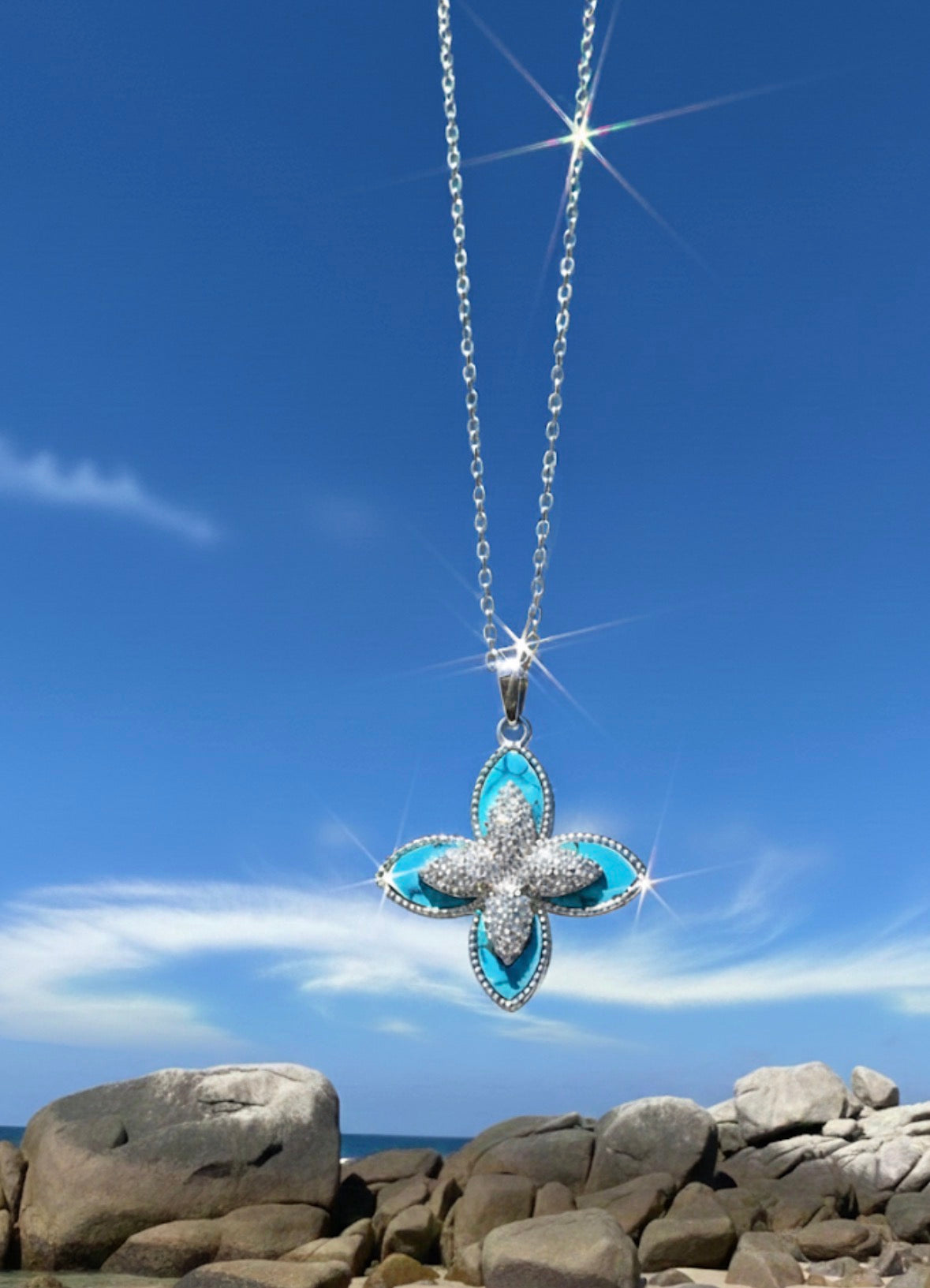 Blue four petal flower Necklace and Earrings