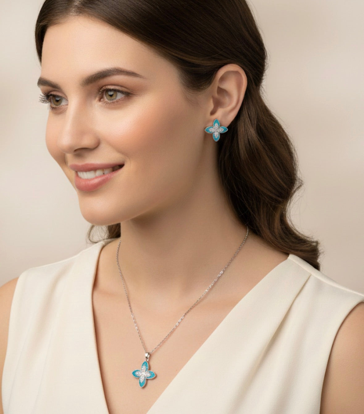 Blue four petal flower Necklace and Earrings